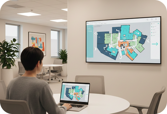 Office meeting room with analytics displayed across a wall screen and laptop.
