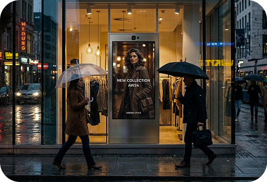 Retail storefront with pedestrians passing by interactive display windows in the rain.