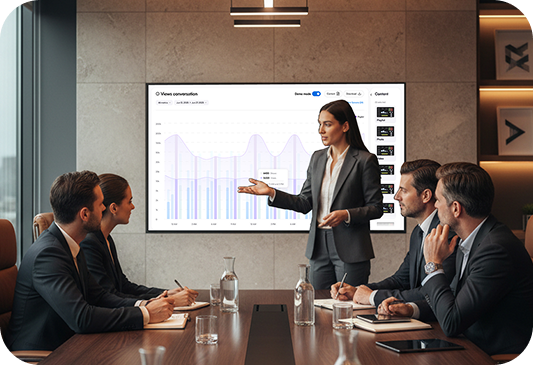 Boardroom presentation with executives reviewing a metrics dashboard on a large display.