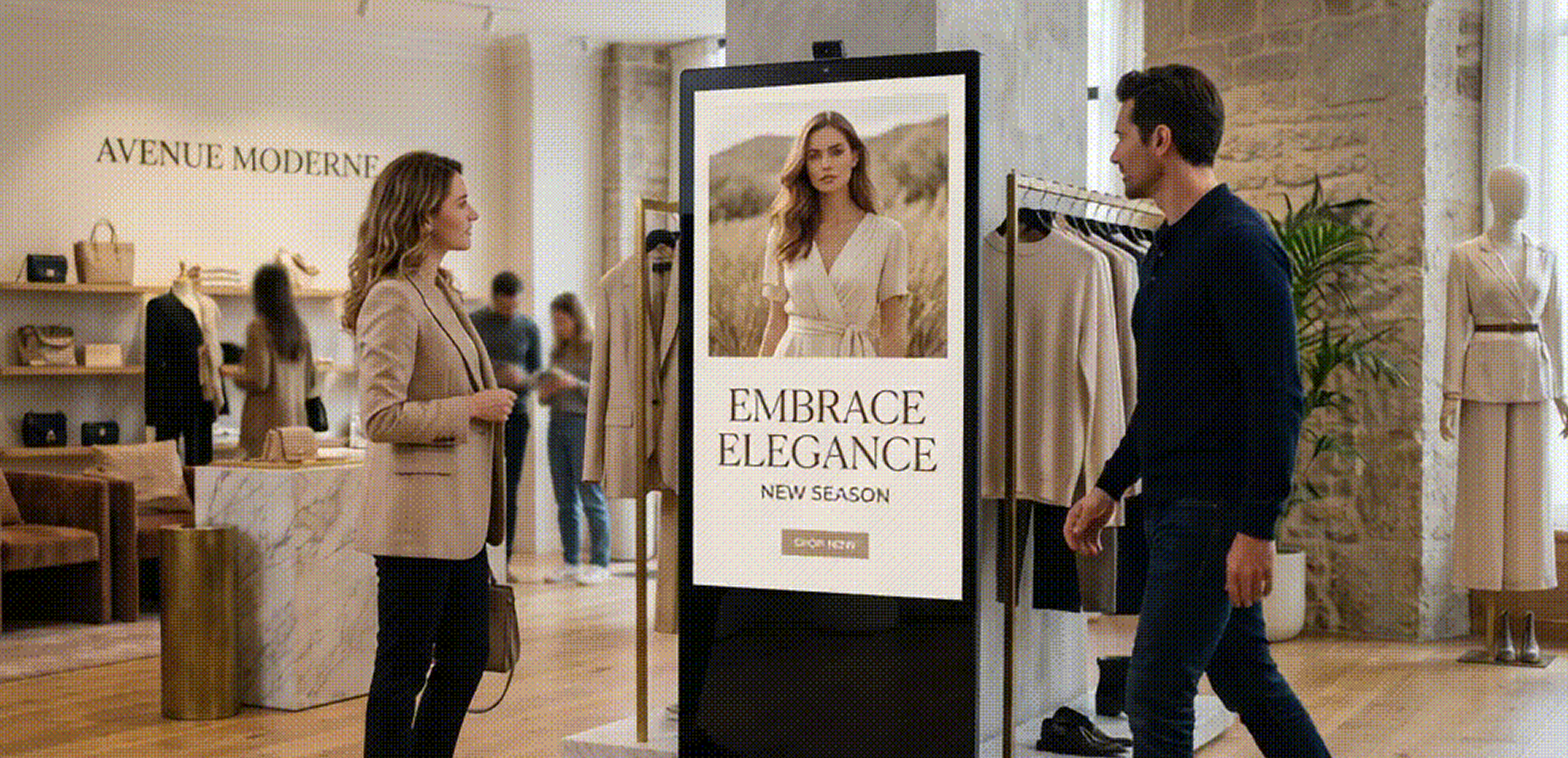 Shoppers engage with intelligent retail signage in a boutique environment.